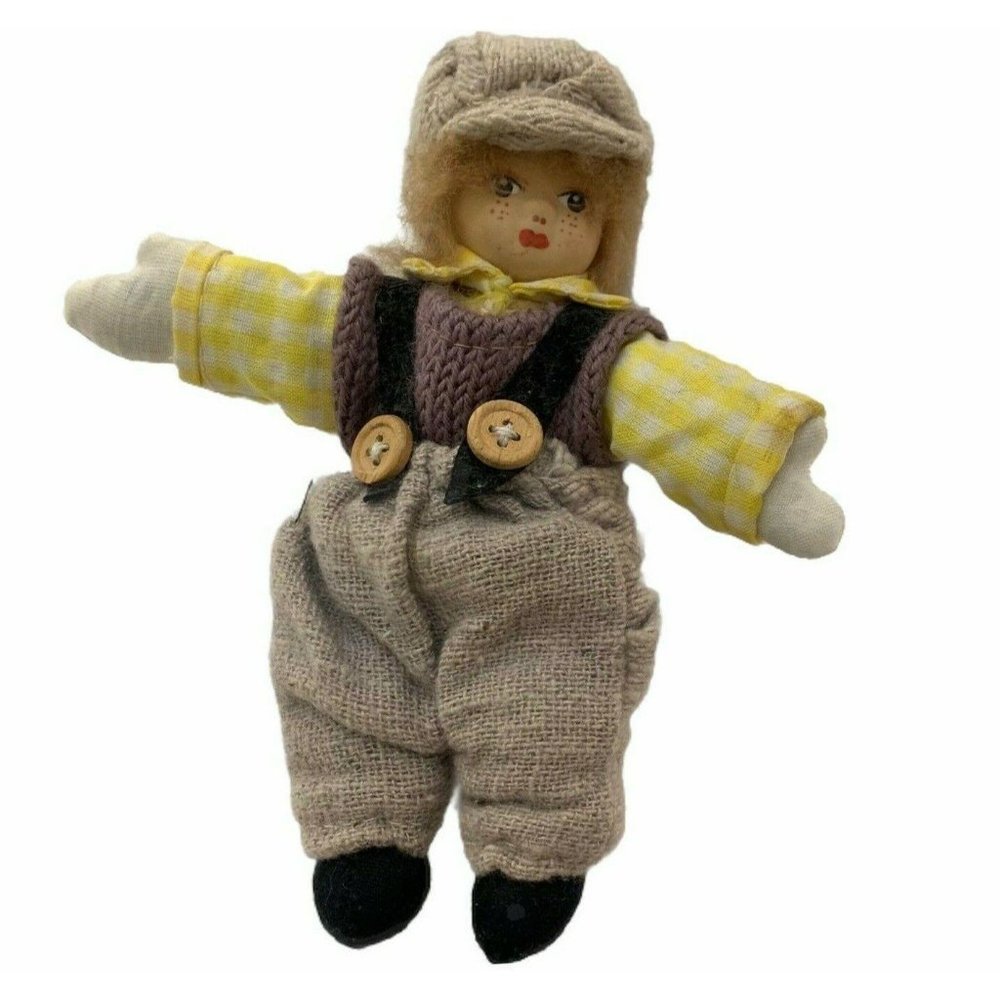 Vintage‎ Doll 6" Small Child Boy Knit Overalls Hat